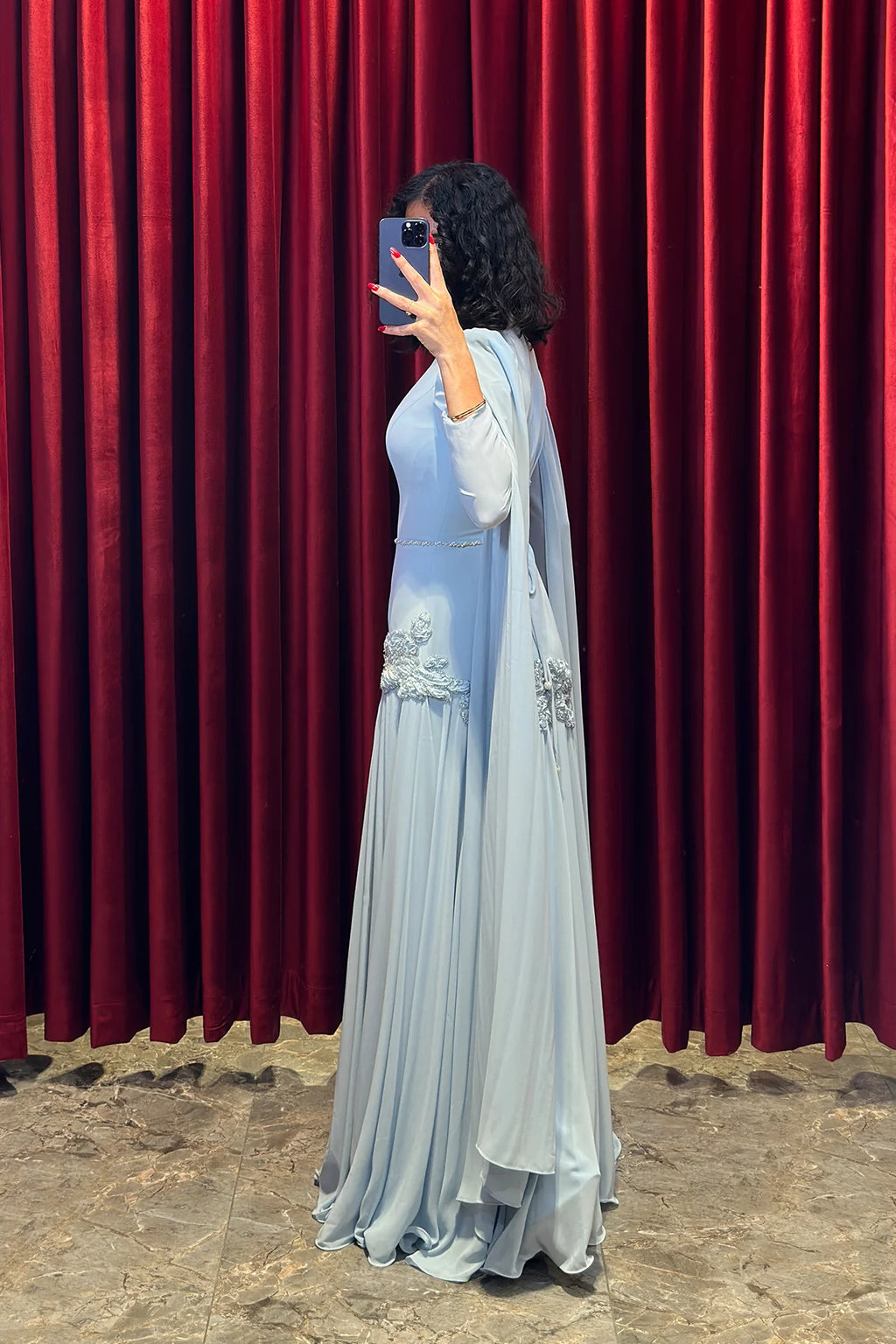 Elara Cape-Sleeve Embellished Mermaid Dress-Blue