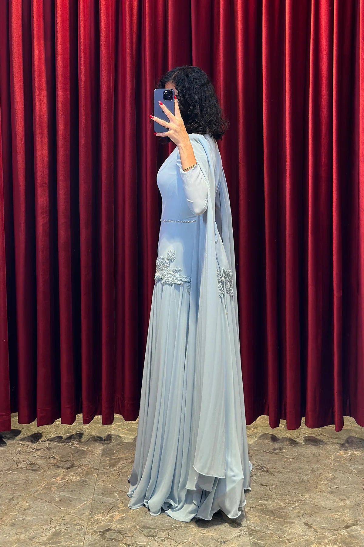 Elara Cape-Sleeve Embellished Mermaid Dress-Blue