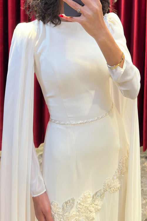 Elara Cape-Sleeve Embellished Mermaid Dress-Apricot
