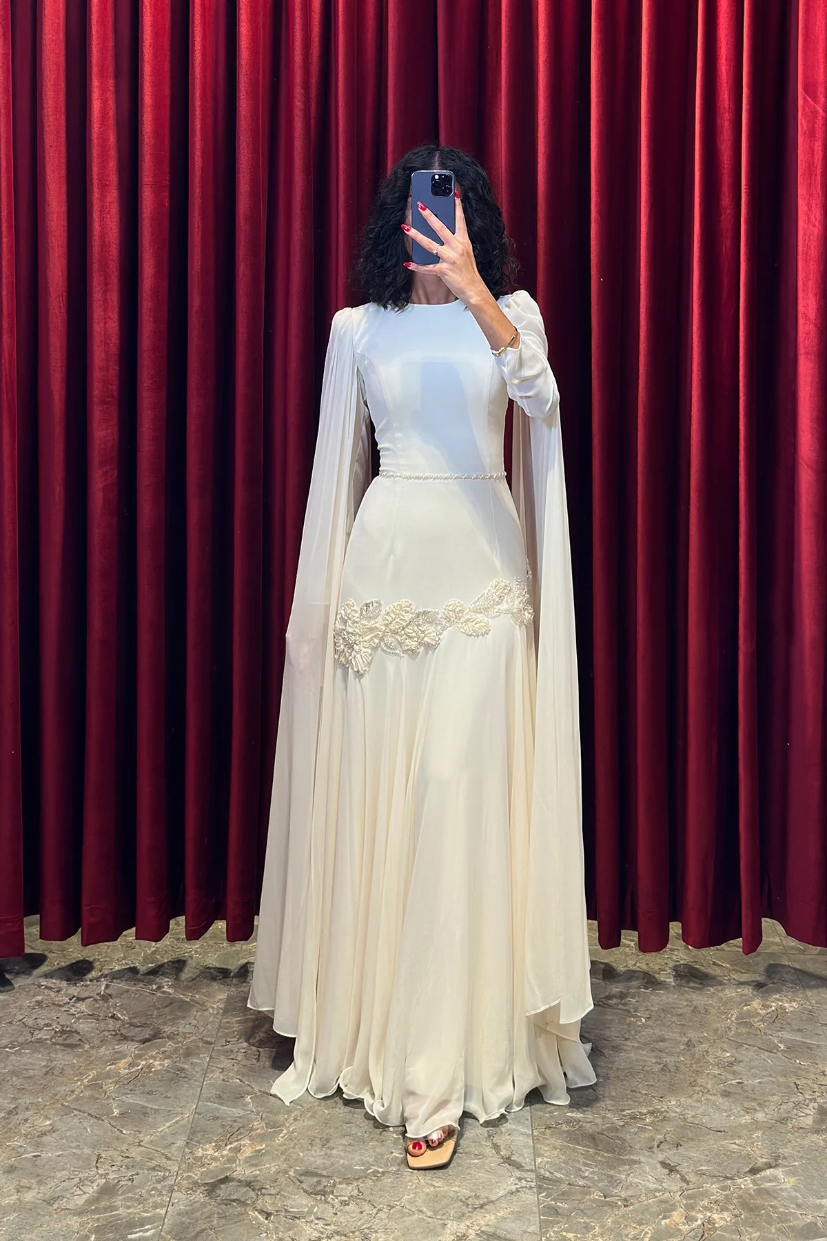 Elara Cape-Sleeve Embellished Mermaid Dress-Apricot