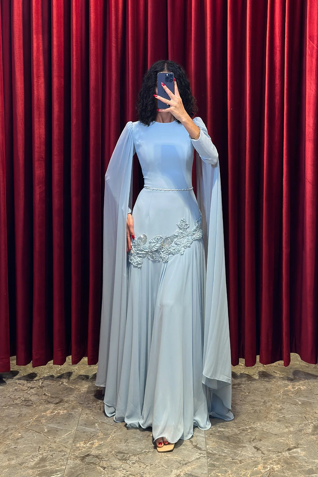 Elara Cape-Sleeve Embellished Mermaid Dress-Blue