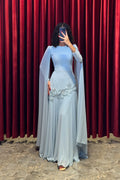 Elara Cape-Sleeve Embellished Mermaid Dress-Blue