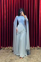 Elara Cape-Sleeve Embellished Mermaid Dress-Blue