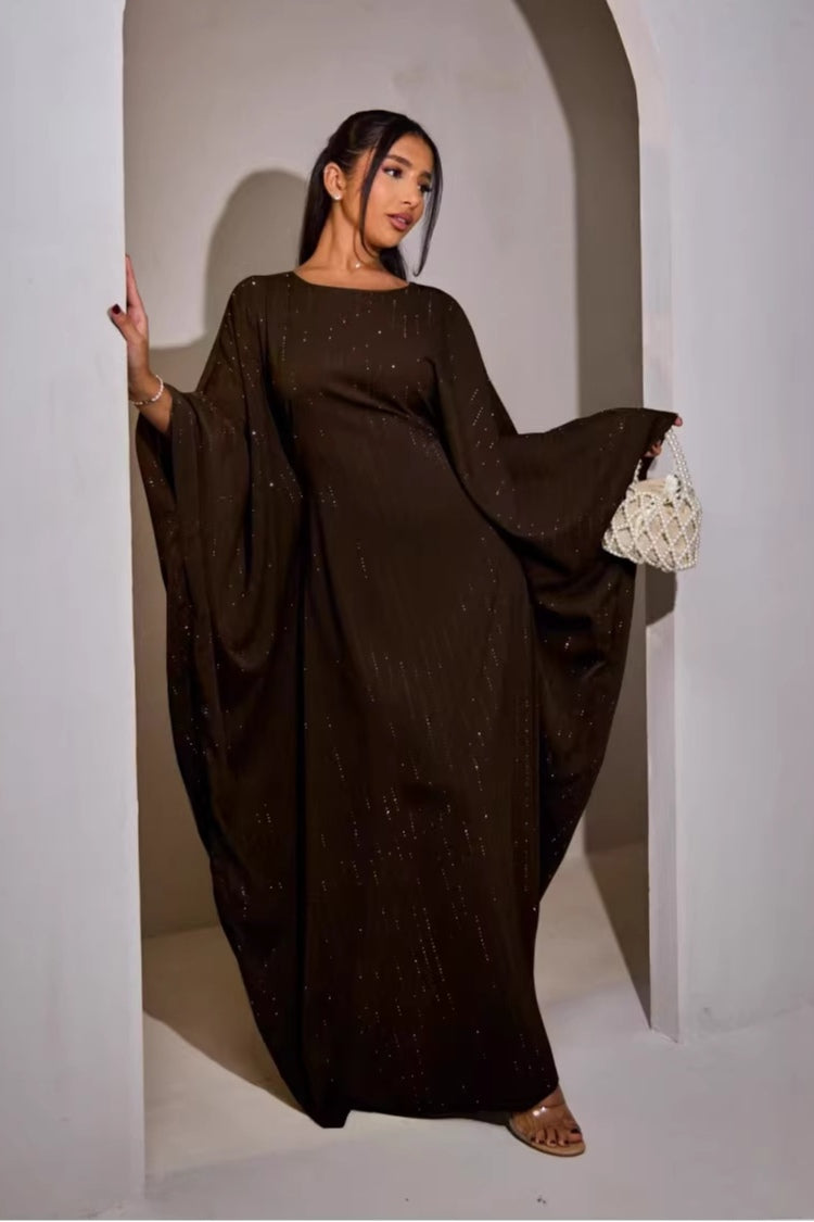 Luna Beaded Stripe Loose Fit Abaya-Brown