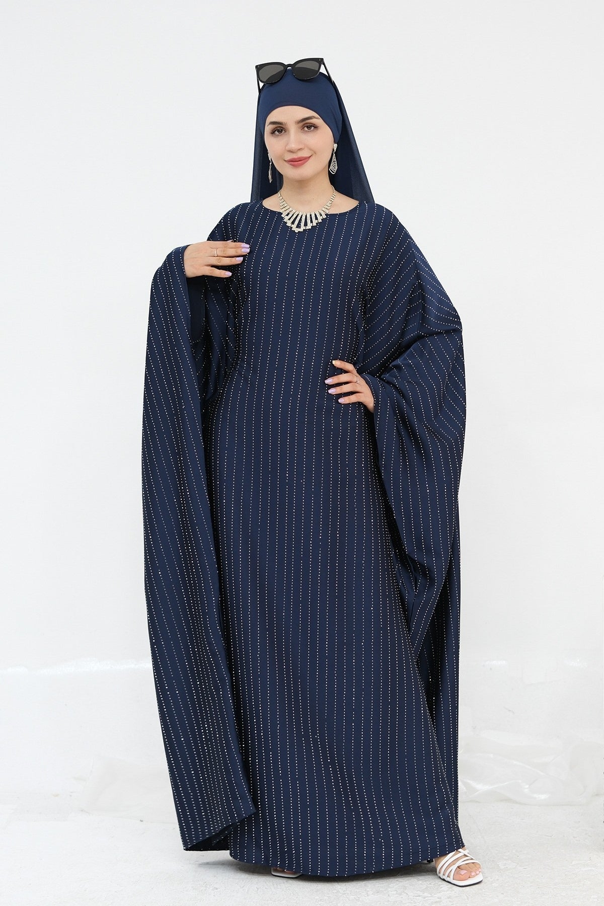 Luna Beaded Stripe Loose Fit Abaya-Blue