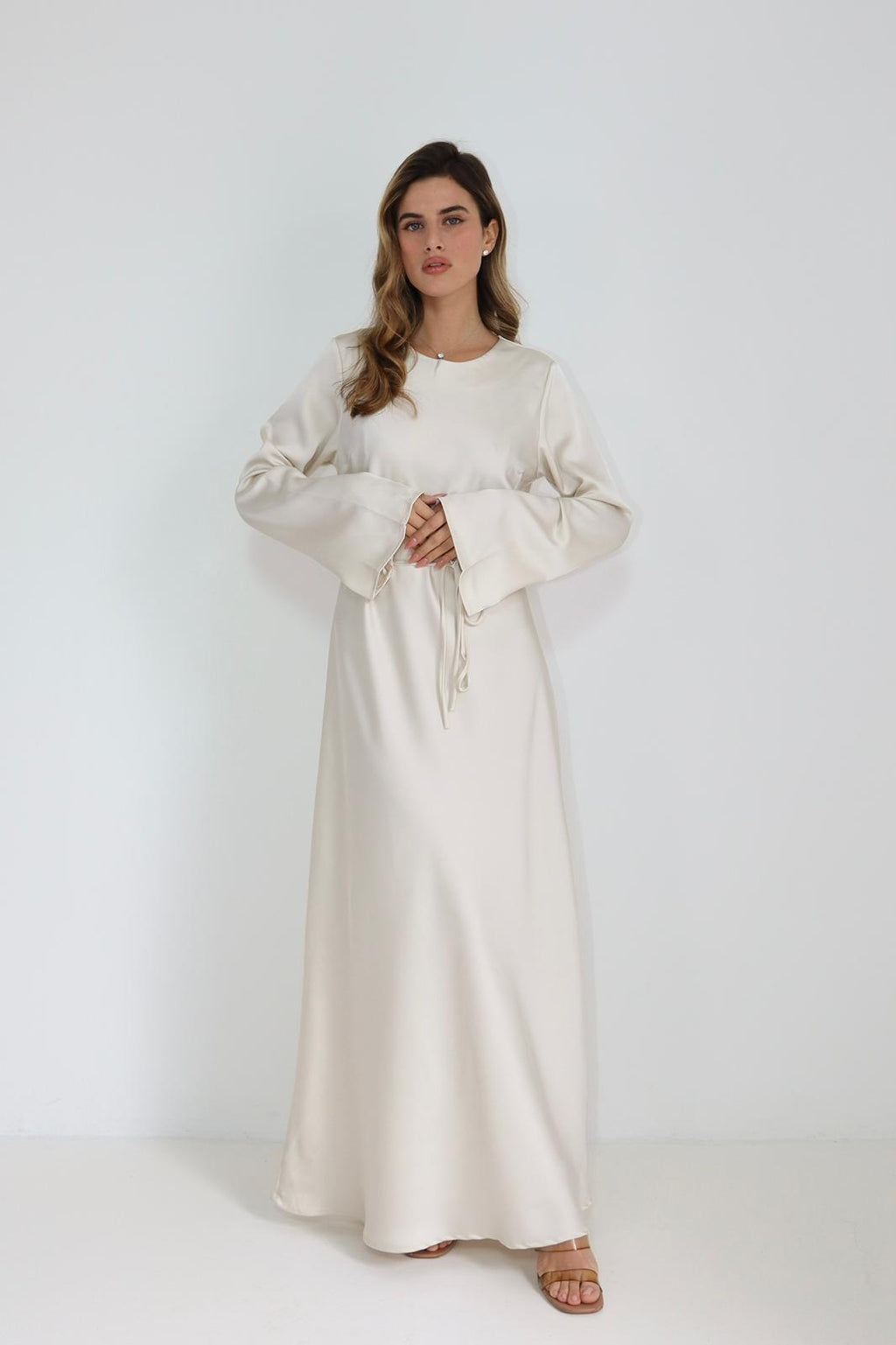 Sara Round Neck Flare Sleeve Tie Waist Maxi Dress