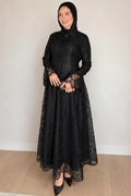 Lila High Neck Full Lace Flare Maxi-Black