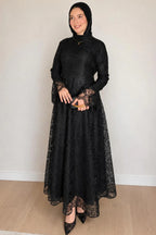 Lila High Neck Full Lace Flare Maxi-Black