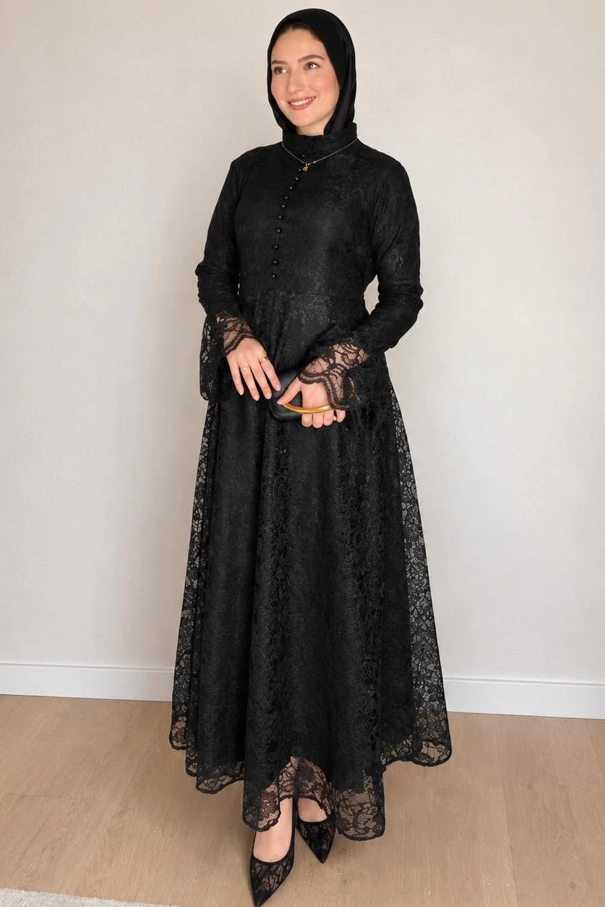 Lila High Neck Full Lace Flare Maxi-Black