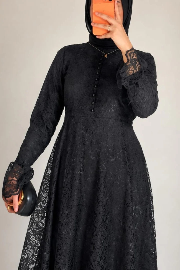 Lila High Neck Full Lace Flare Maxi-Black