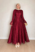 Lila High Neck Full Lace Flare Maxi-Wine