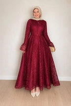 Lila High Neck Full Lace Flare Maxi-Wine