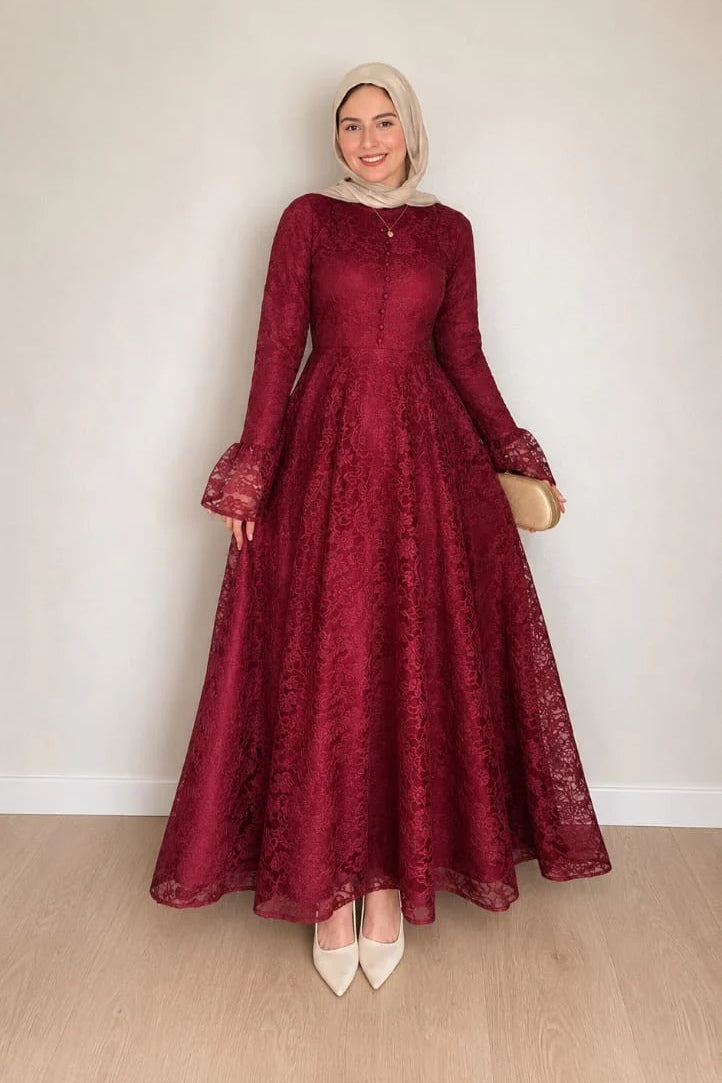 Lila High Neck Full Lace Flare Maxi-Wine
