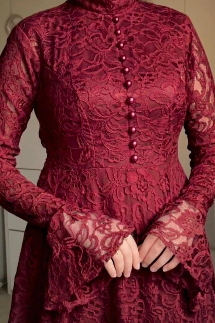 Lila High Neck Full Lace Flare Maxi-Wine