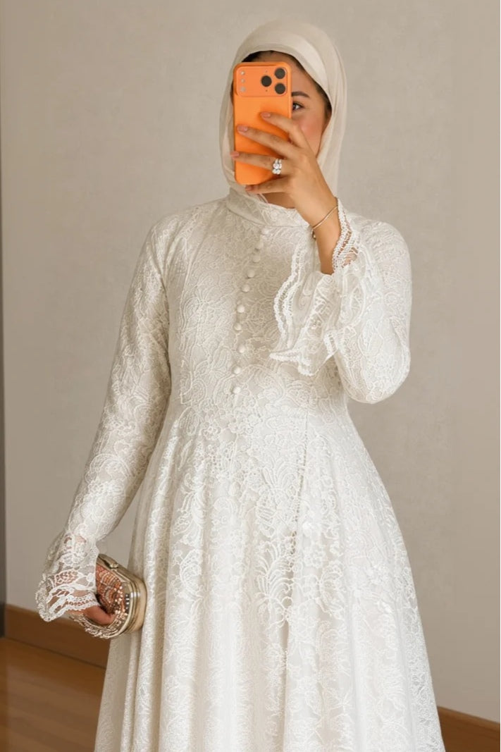 Lila High Neck Full Lace Flare Maxi-White