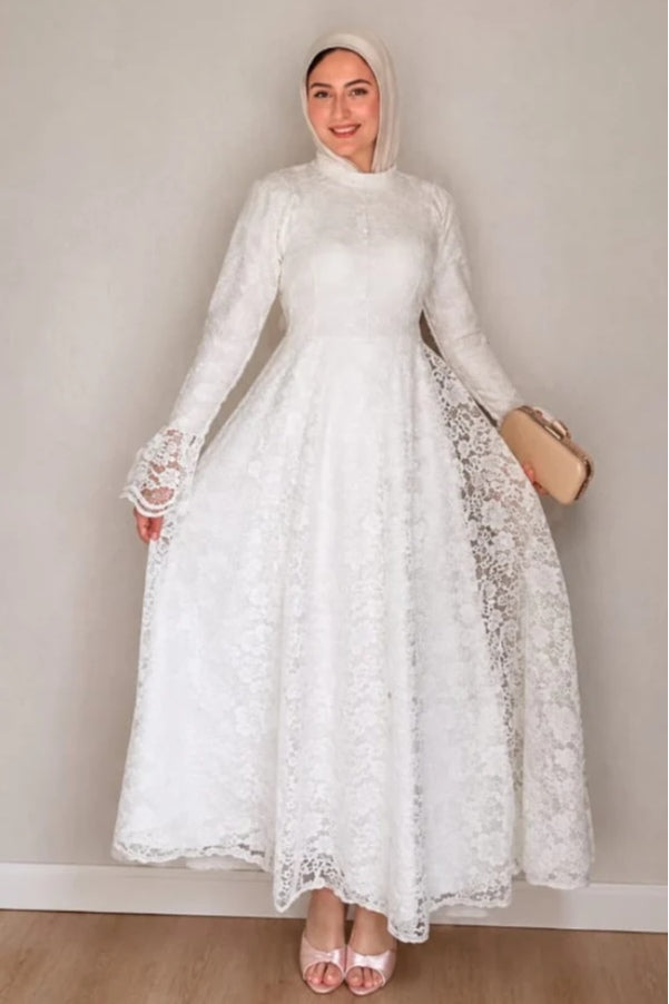 Lila High Neck Full Lace Flare Maxi-White