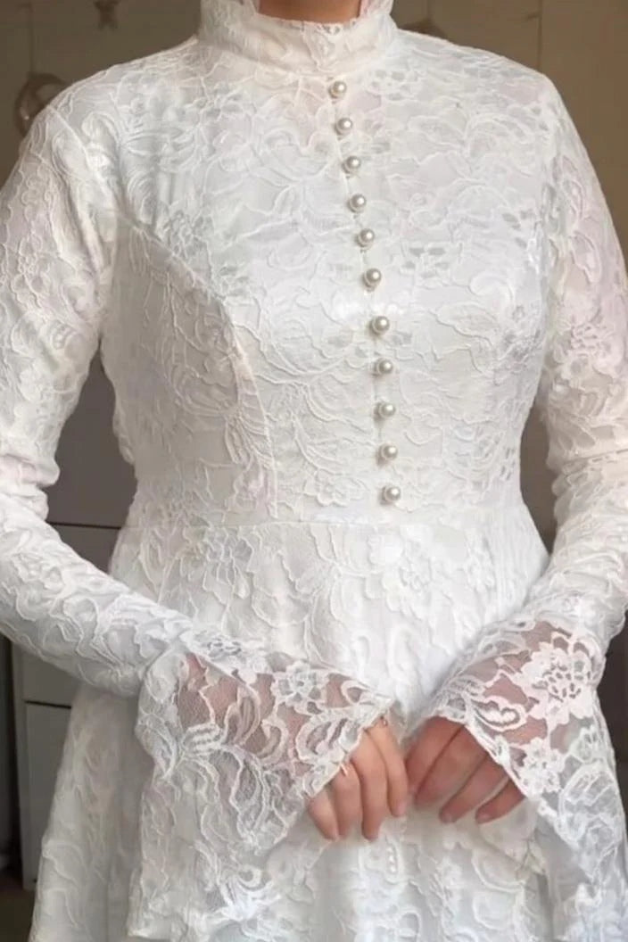 Lila High Neck Full Lace Flare Maxi-White