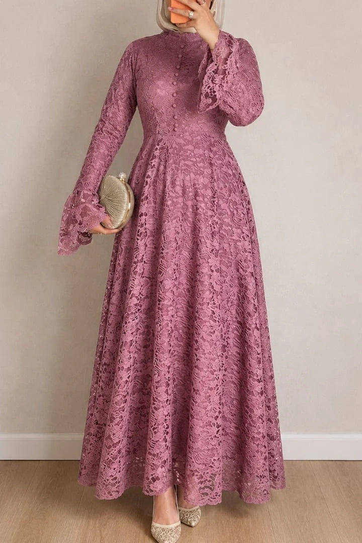 Lila High Neck Full Lace Flare Maxi-Pink