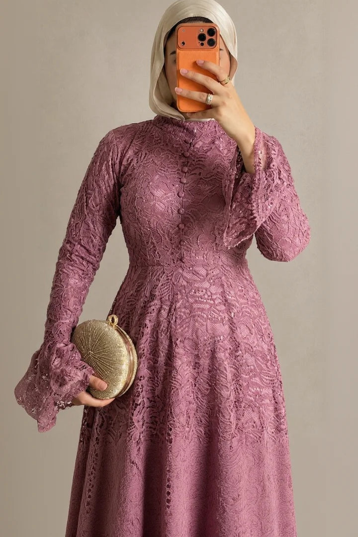 Lila High Neck Full Lace Flare Maxi-Pink