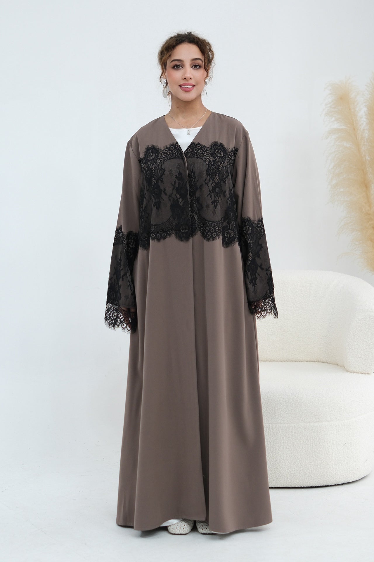 Zuhra Lace Panel Open Abaya-Brown