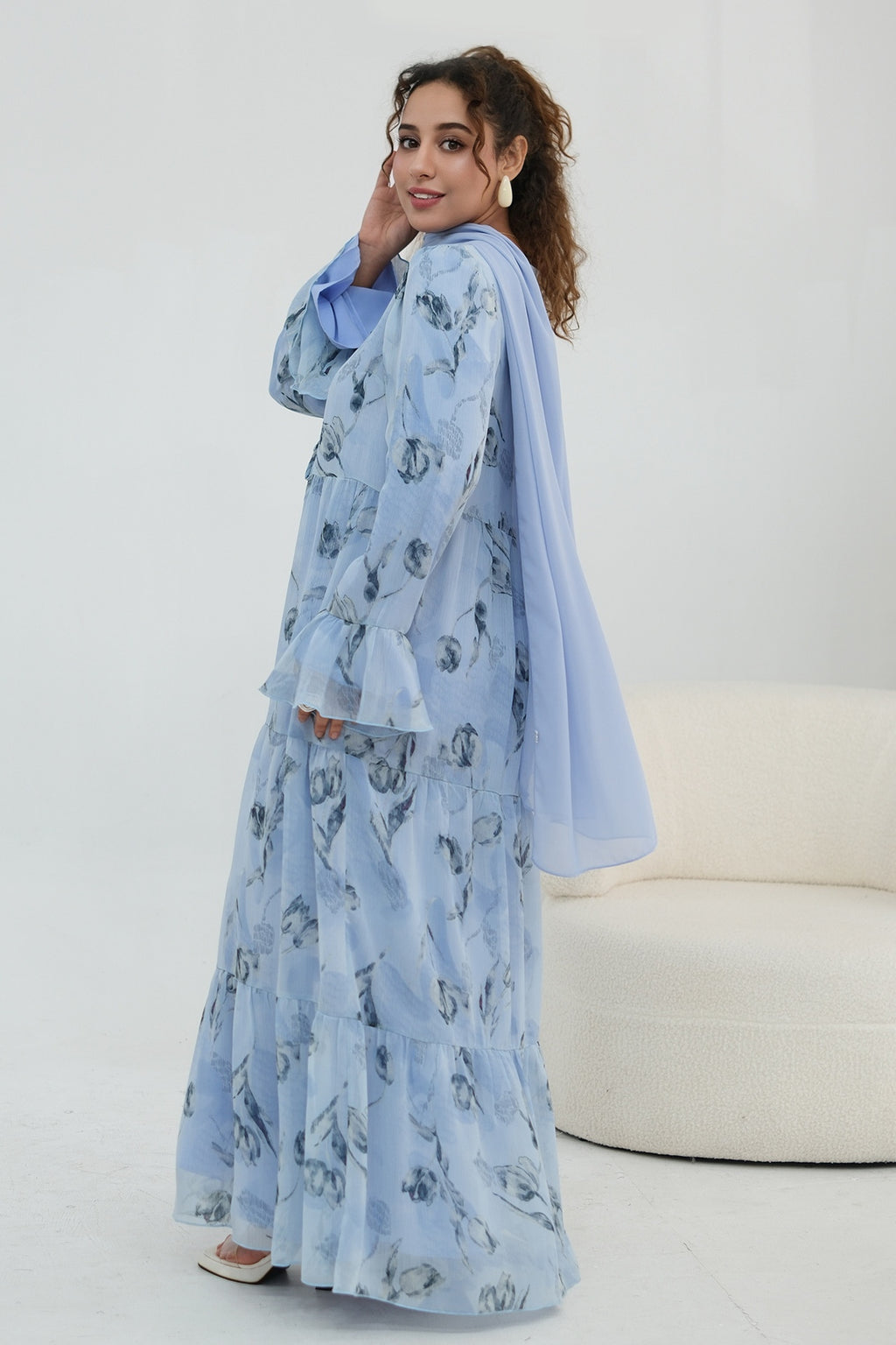 Elowen Floral Tiered Open Abaya-Blue