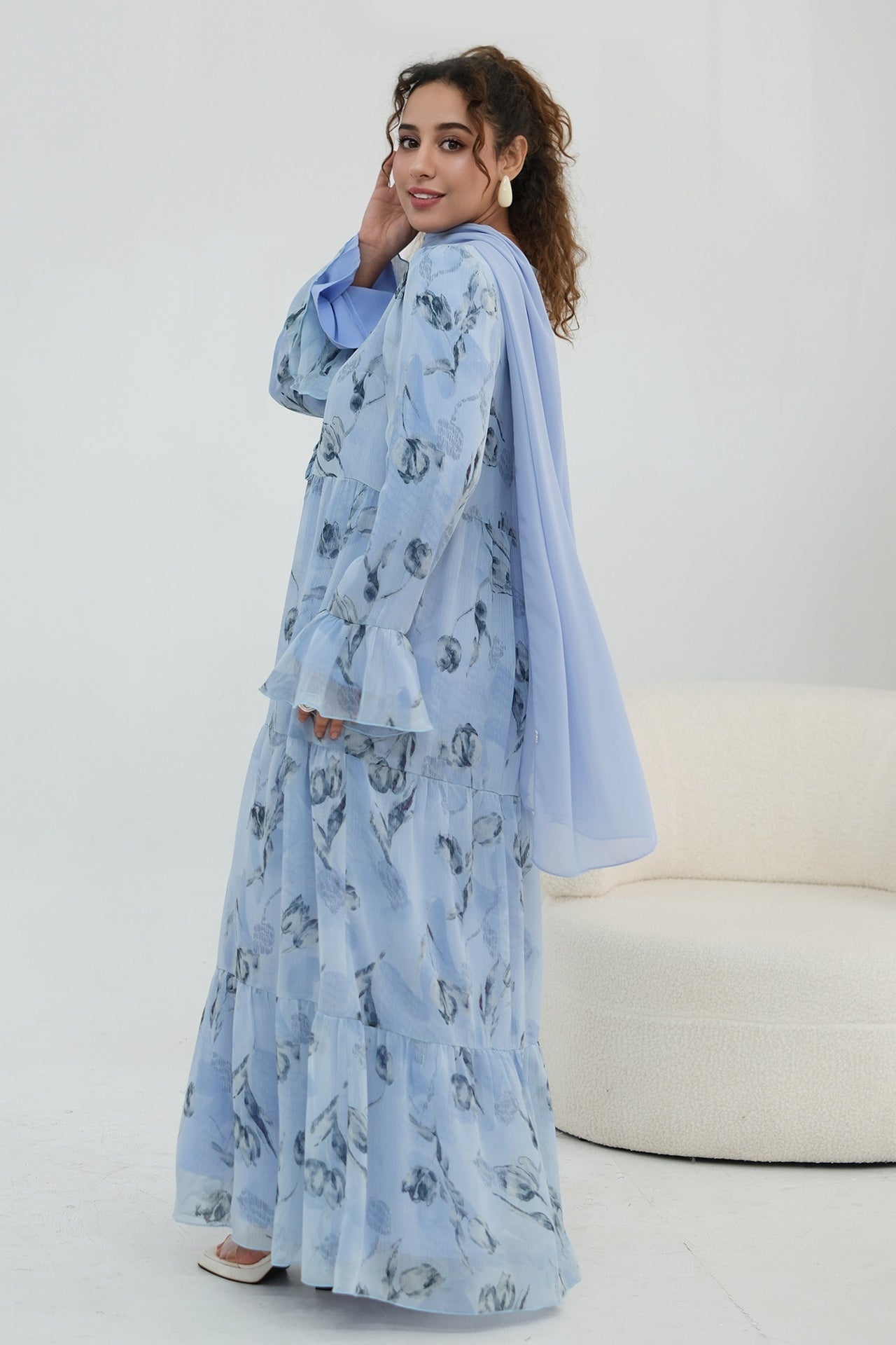 Elowen Floral Tiered Open Abaya-Blue