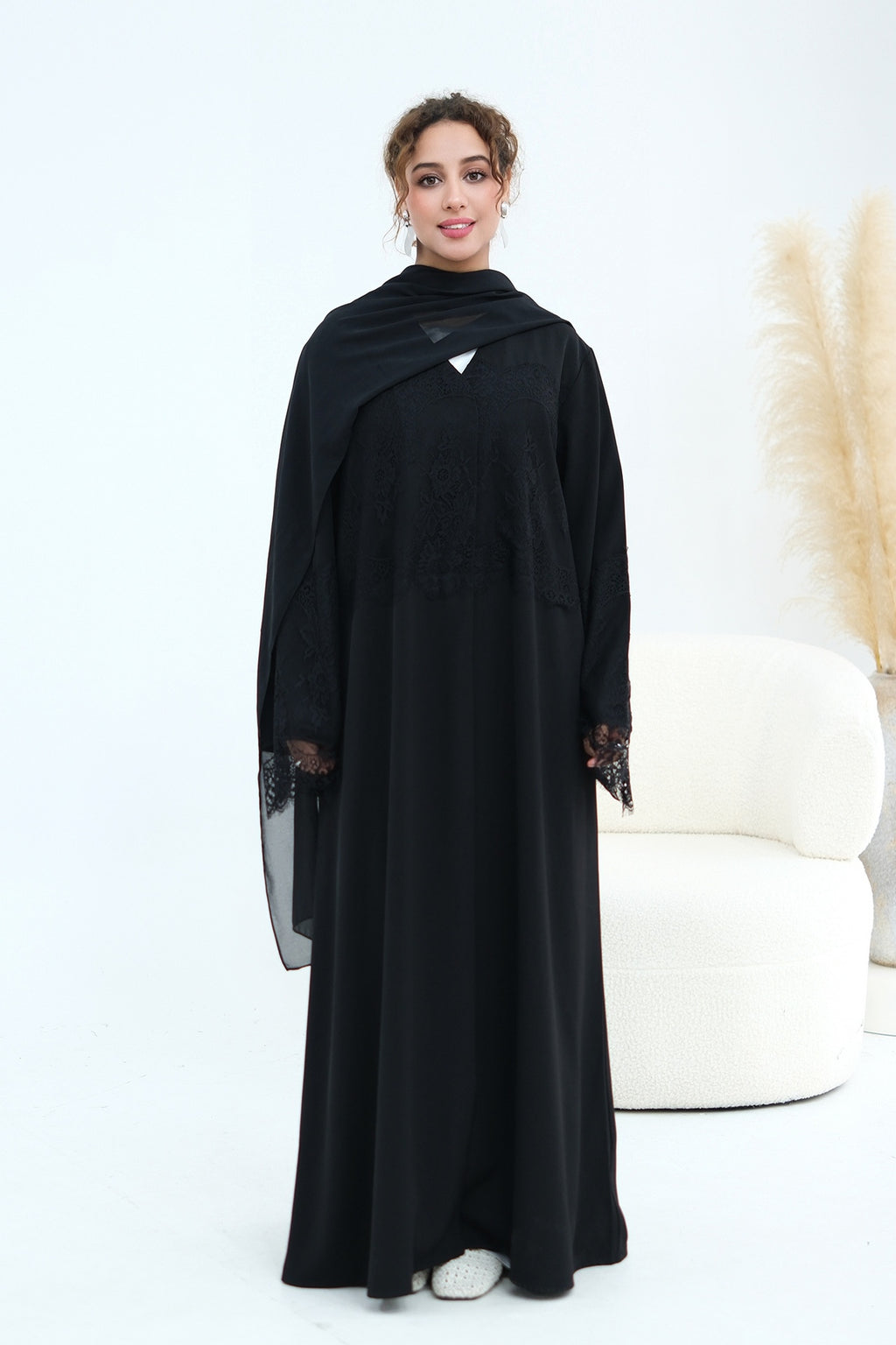 Zuhra Lace Panel Open Abaya-Black