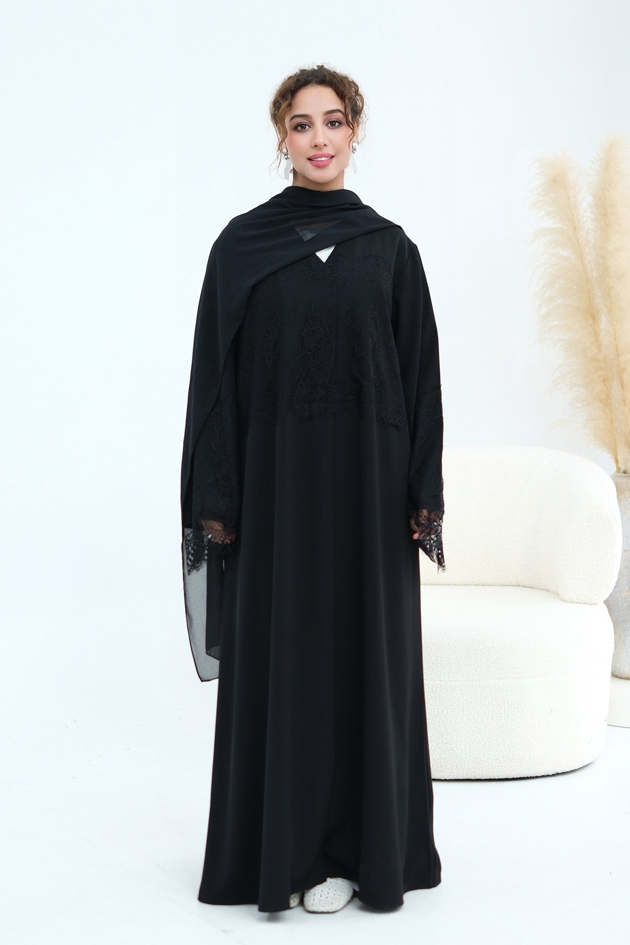Zuhra Lace Panel Open Abaya-Black