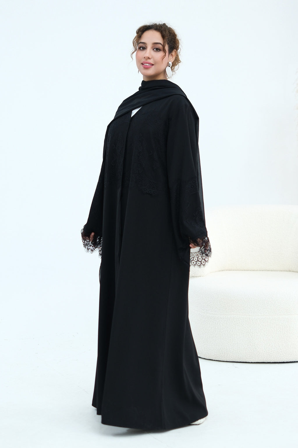 Zuhra Lace Panel Open Abaya-Black