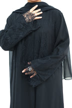 Zuhra Lace Panel Open Abaya-Black
