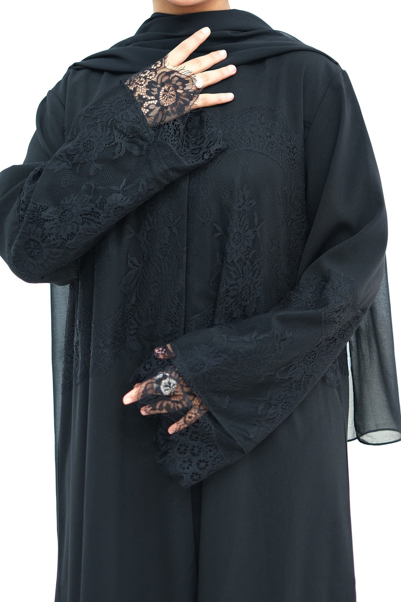 Zuhra Lace Panel Open Abaya-Black