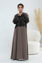 Zuhra Lace Panel Open Abaya-Brown