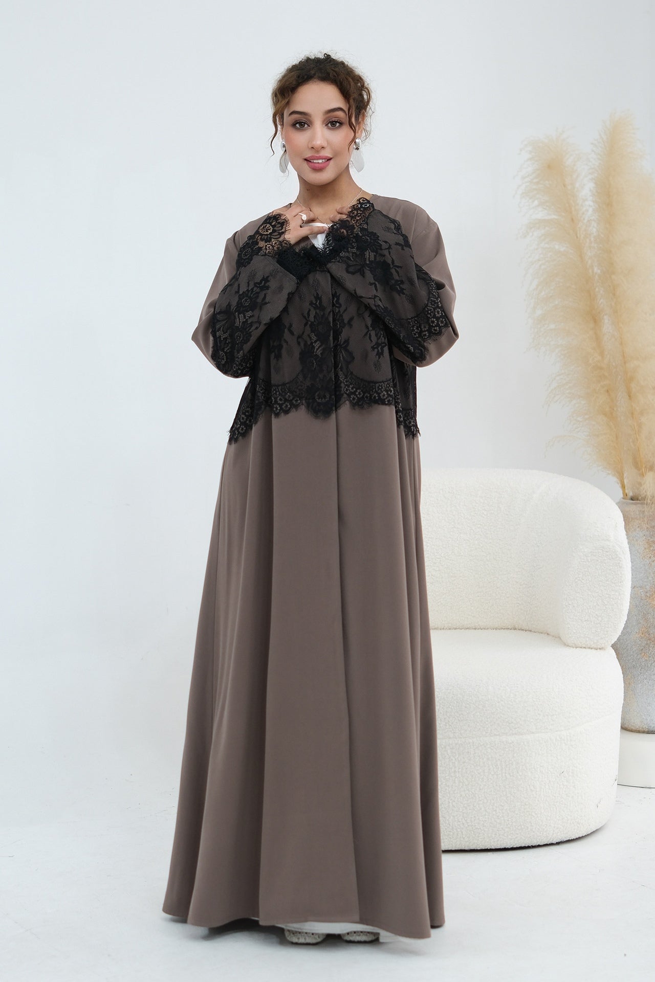 Zuhra Lace Panel Open Abaya-Brown