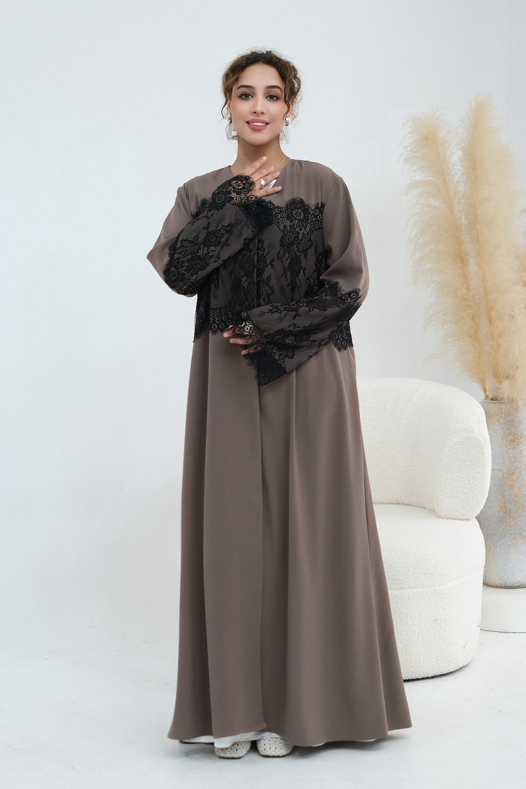 Zuhra Lace Panel Open Abaya-Brown