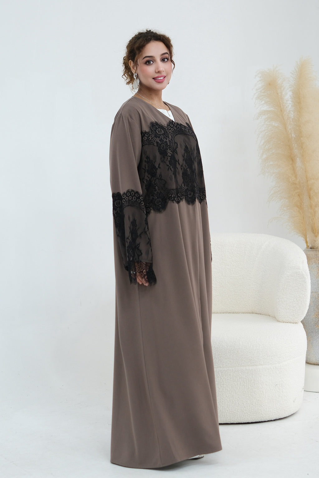Zuhra Lace Panel Open Abaya-Brown