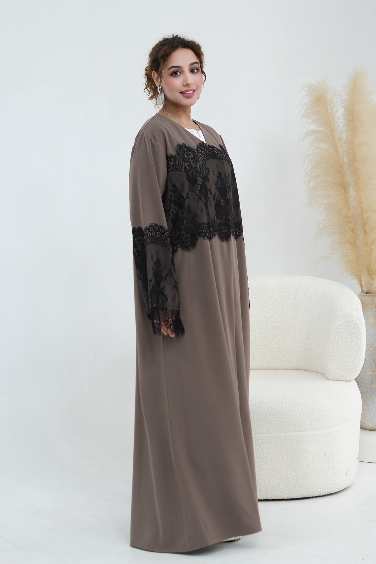 Zuhra Lace Panel Open Abaya-Brown