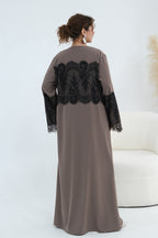 Zuhra Lace Panel Open Abaya-Brown