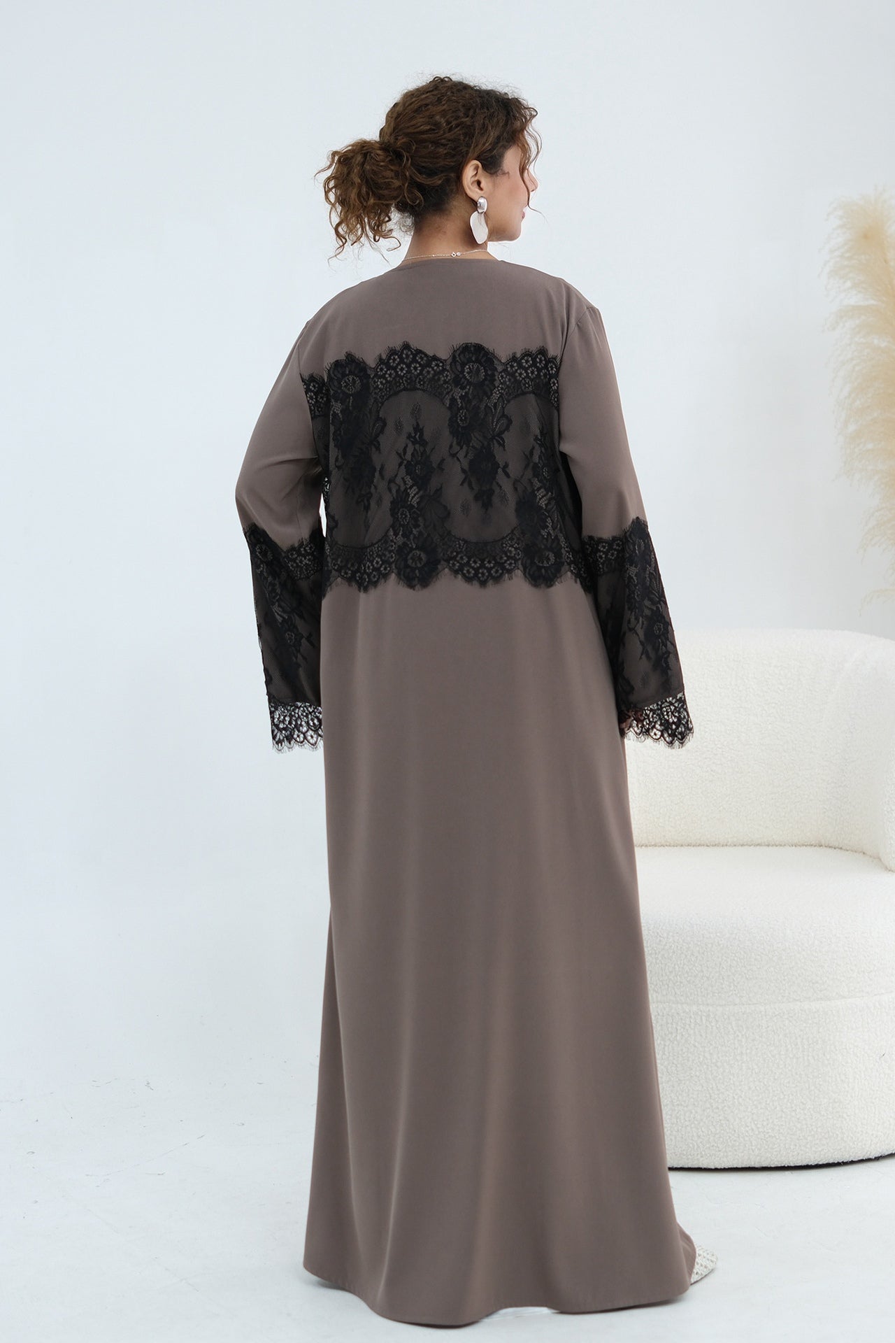 Zuhra Lace Panel Open Abaya-Brown