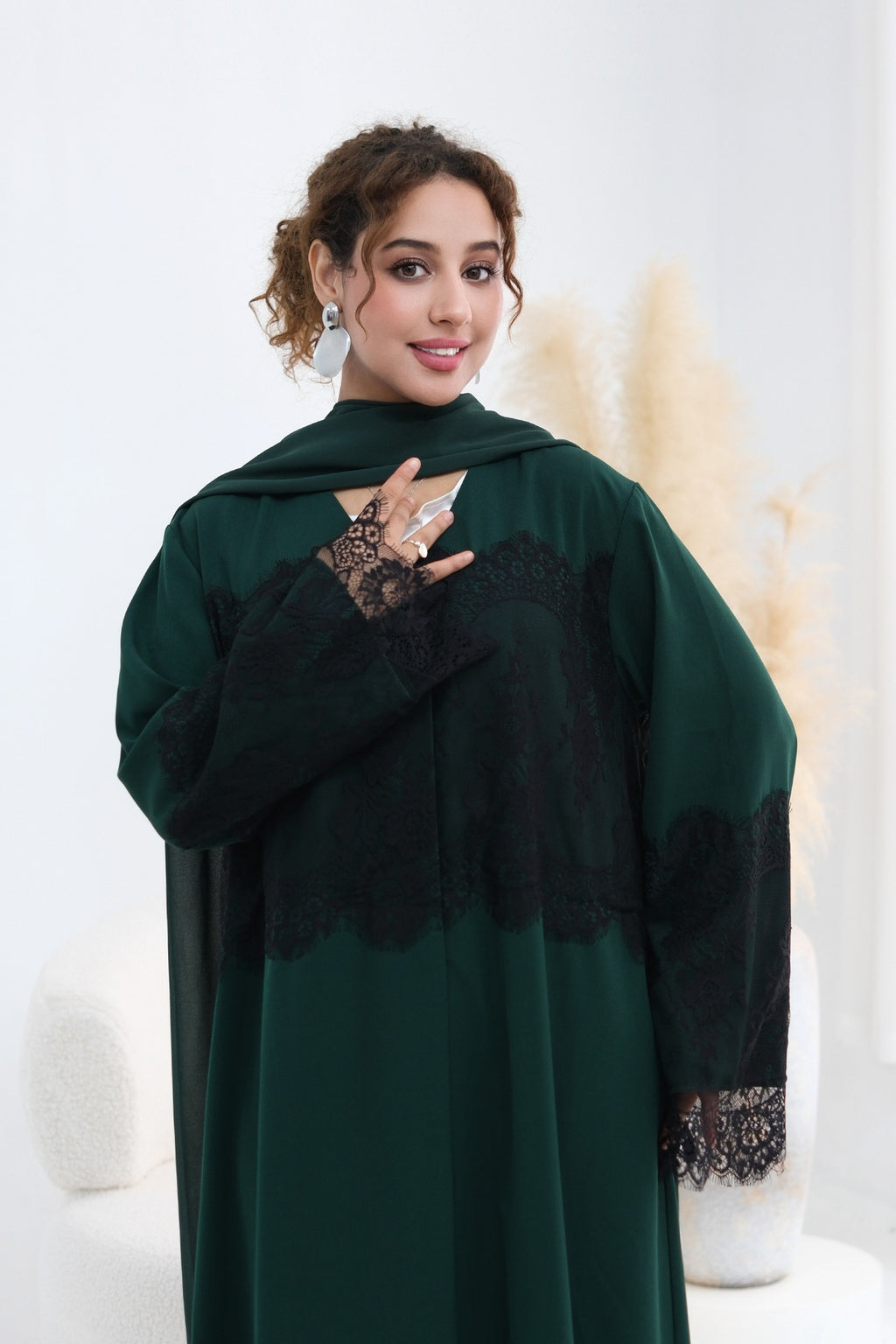 Zuhra Lace Panel Open Abaya-Green