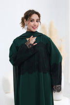 Zuhra Lace Panel Open Abaya-Green