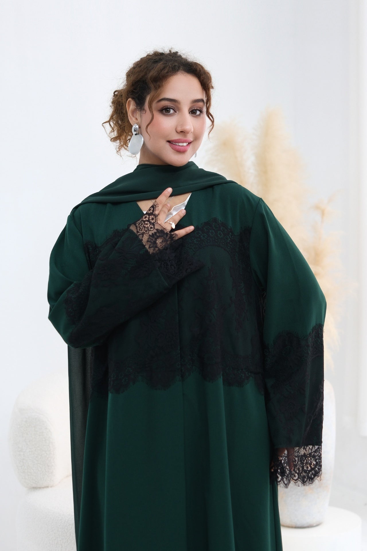 Zuhra Lace Panel Open Abaya-Green