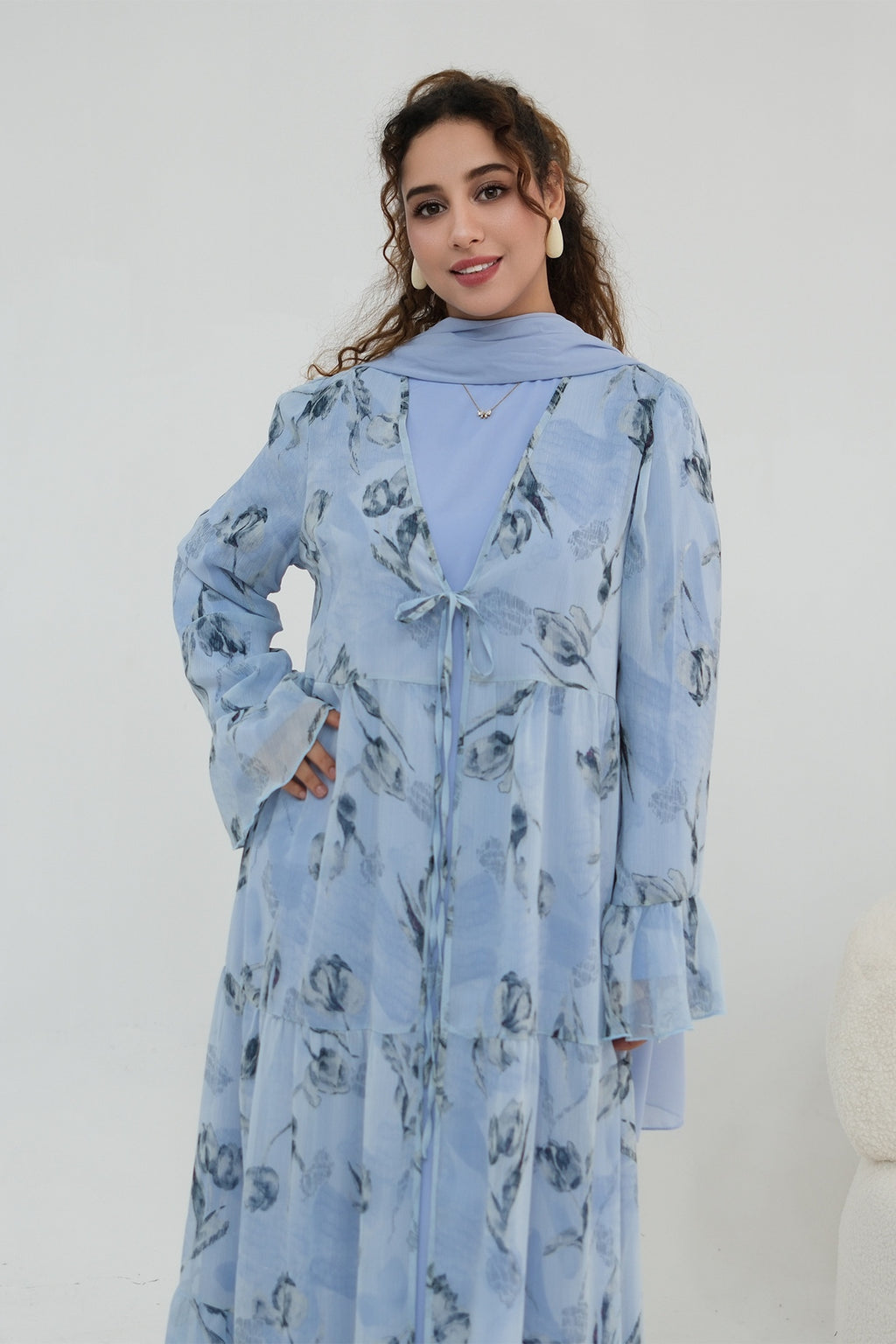 Elowen Floral Tiered Open Abaya-Blue