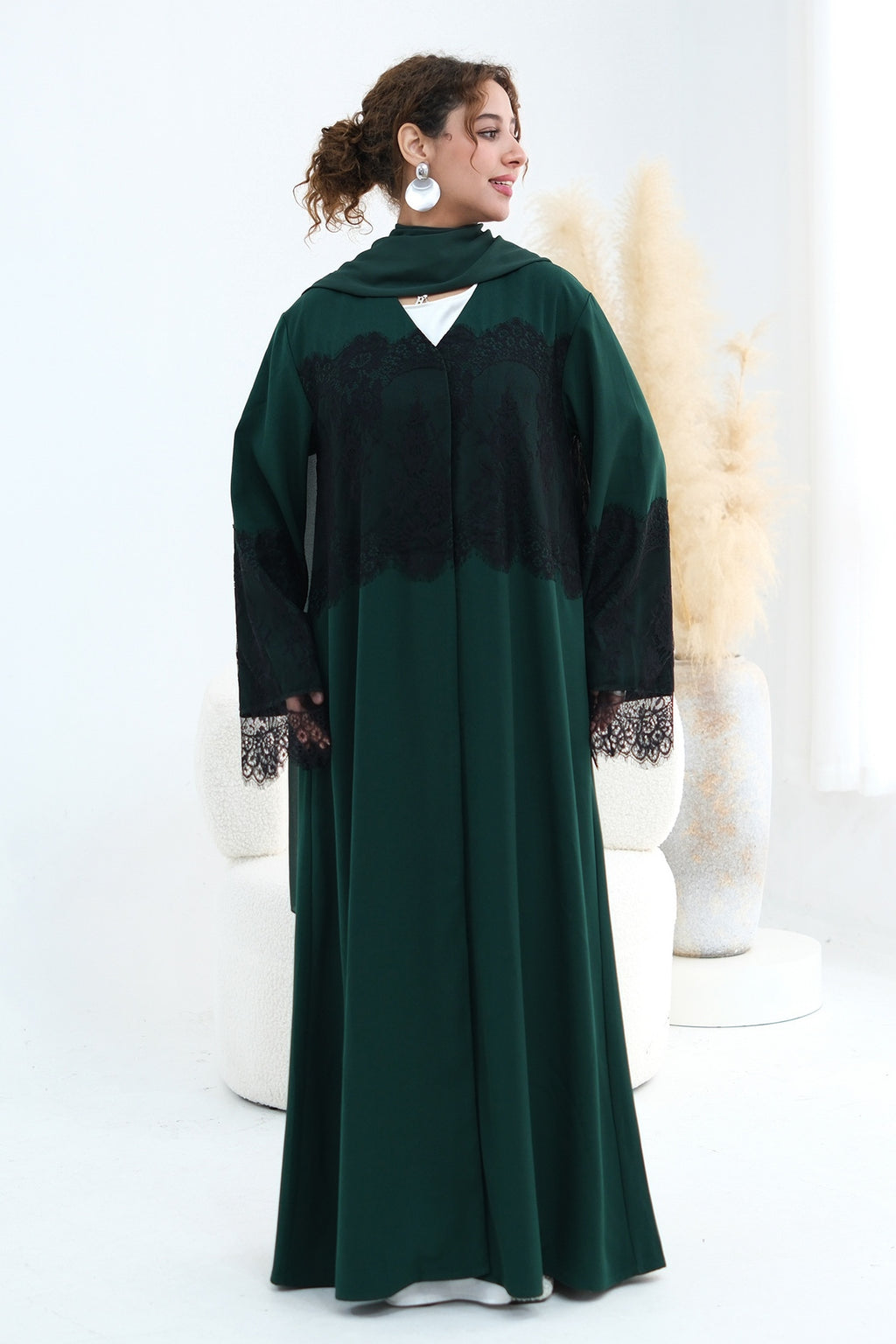 Zuhra Lace Panel Open Abaya-Green