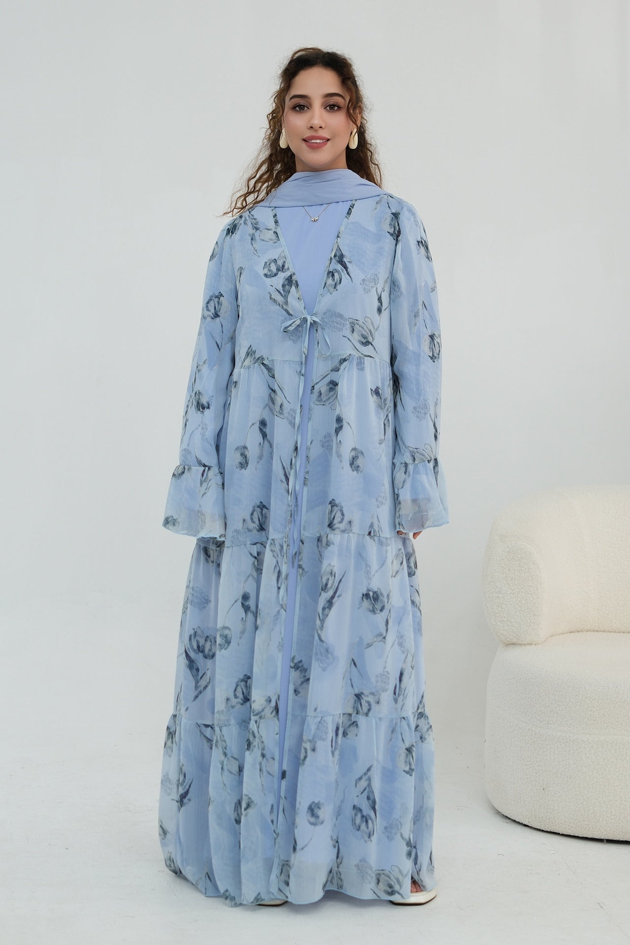 Elowen Floral Tiered Open Abaya-Blue