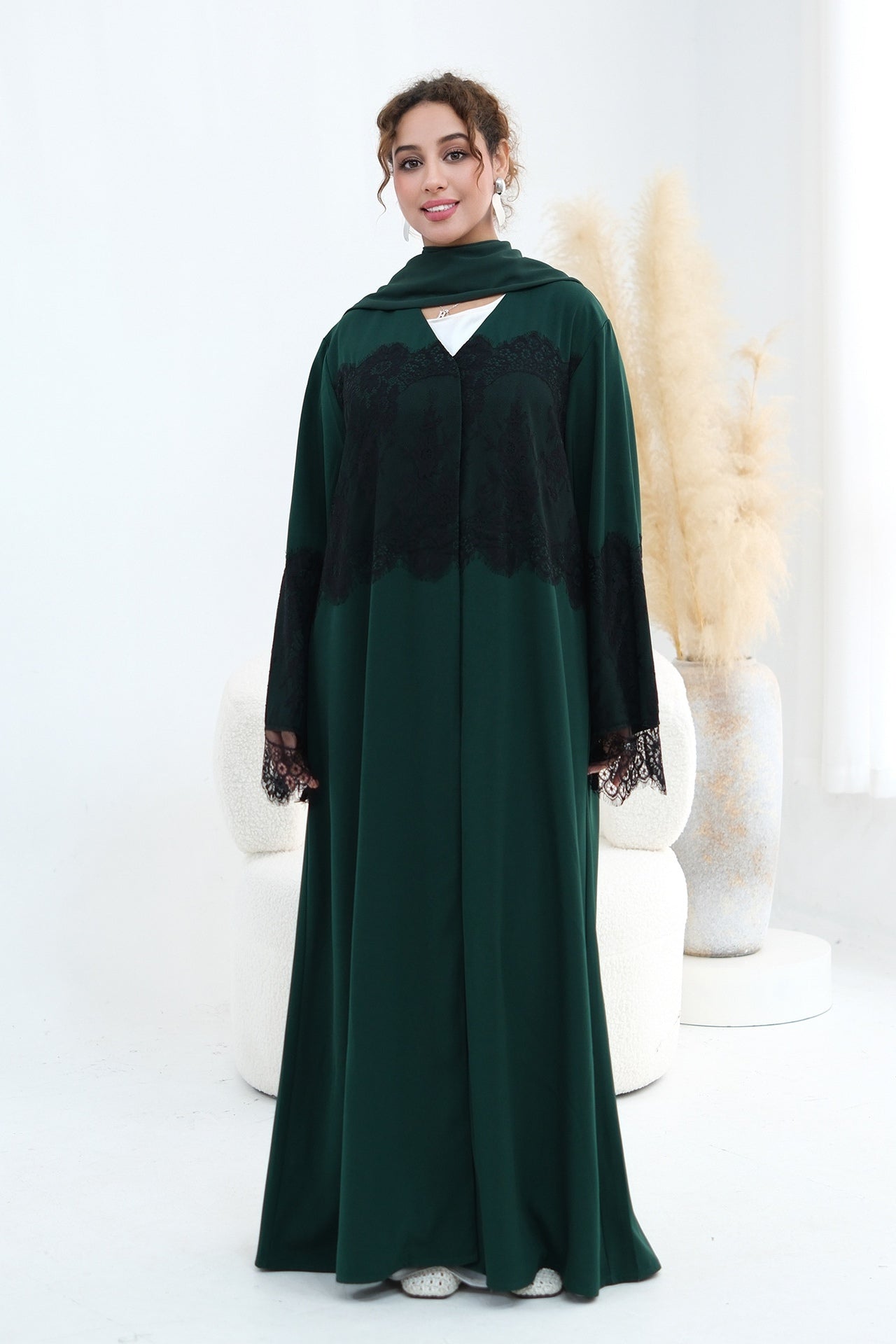 Zuhra Lace Panel Open Abaya-Green