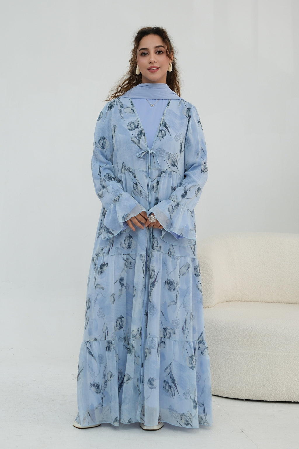 Elowen Floral Tiered Open Abaya-Blue