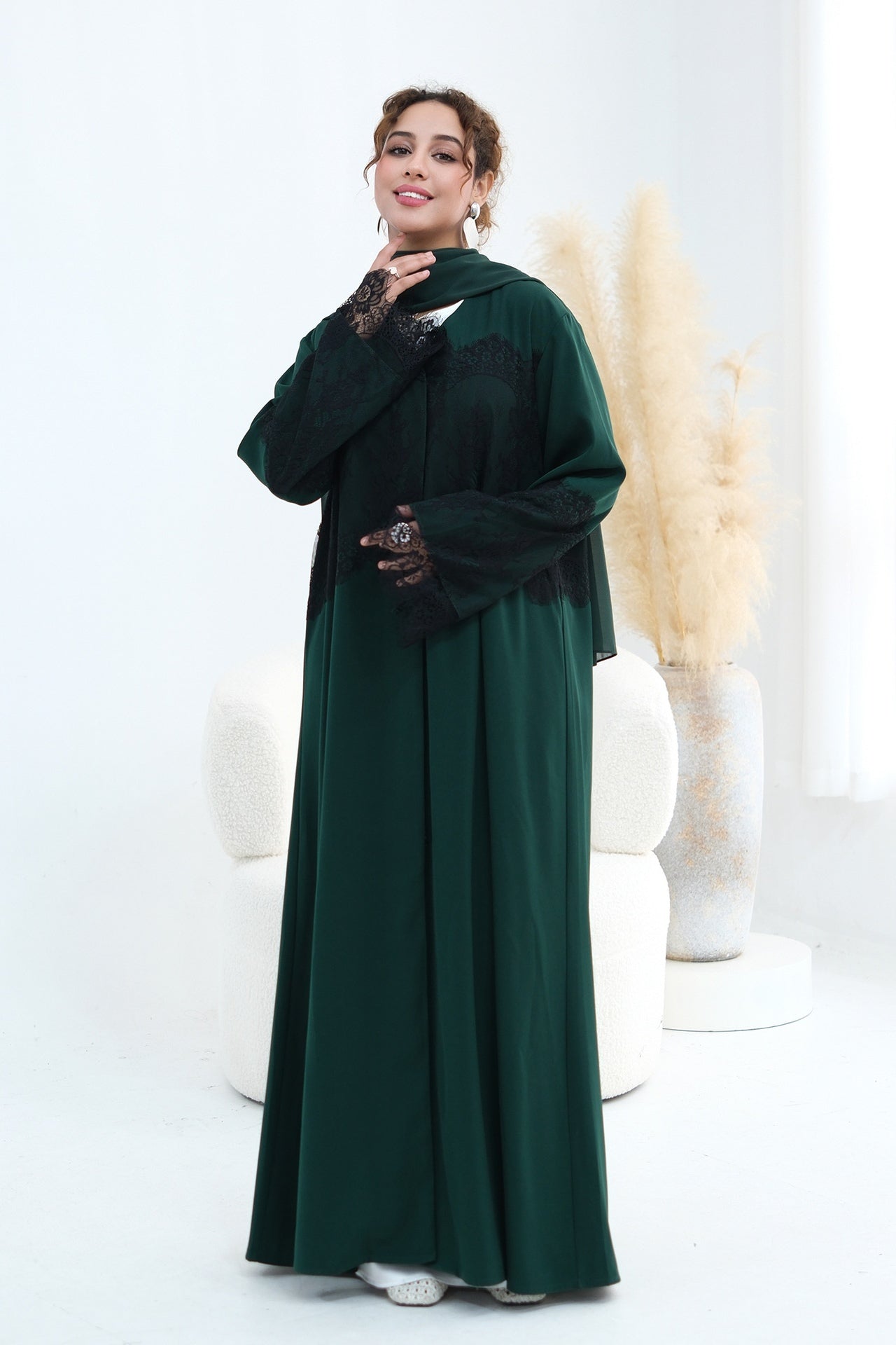 Zuhra Lace Panel Open Abaya-Green