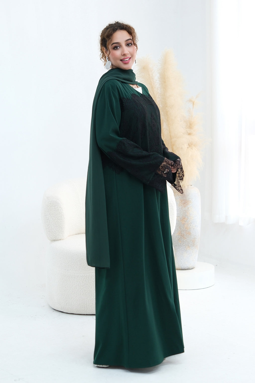 Zuhra Lace Panel Open Abaya-Green