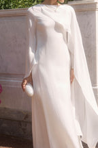 Elegant Cape-Sleeve Modest Maxi Dress-White