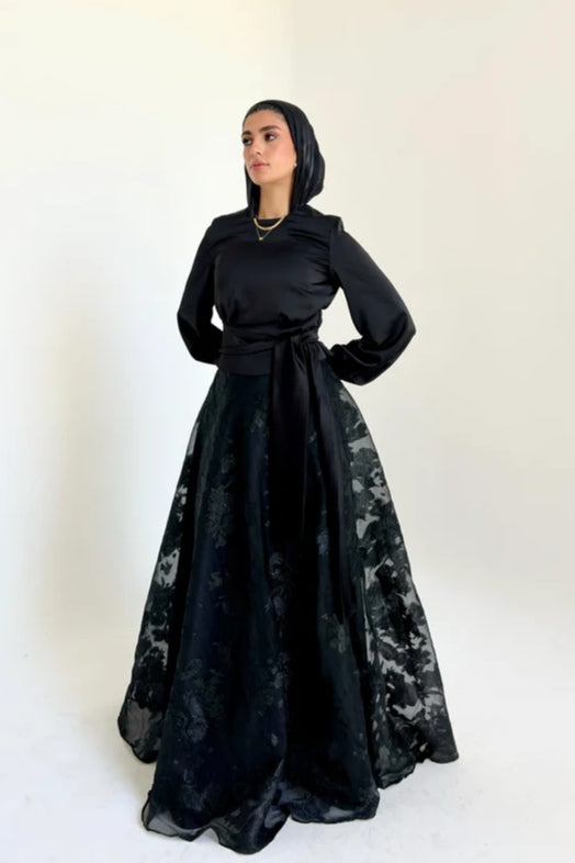 High-Neck Silhouette Maxi Gown-Black